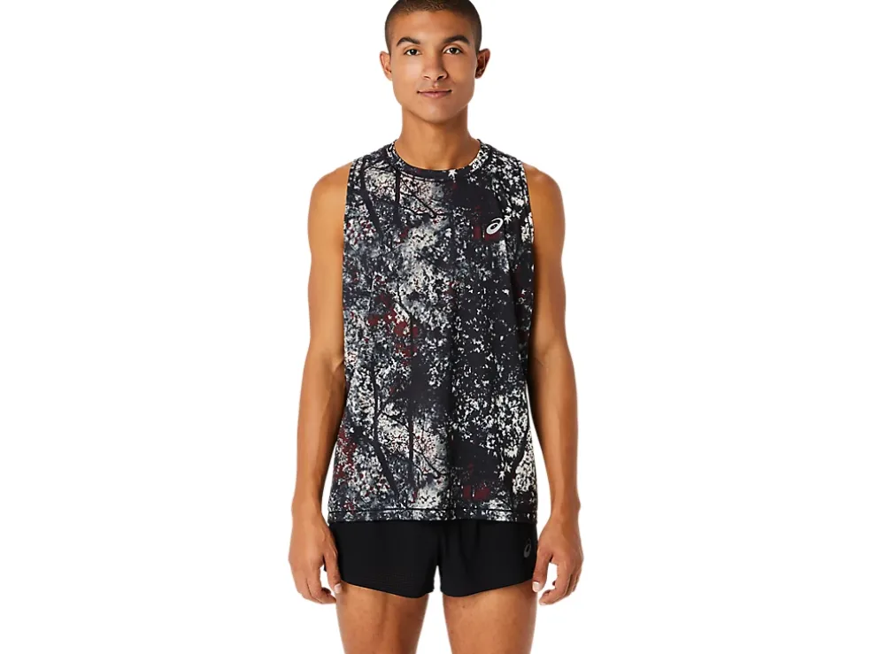 Shop ASICS ALL OVER PRINT SINGLET Performance Black/Antique Red