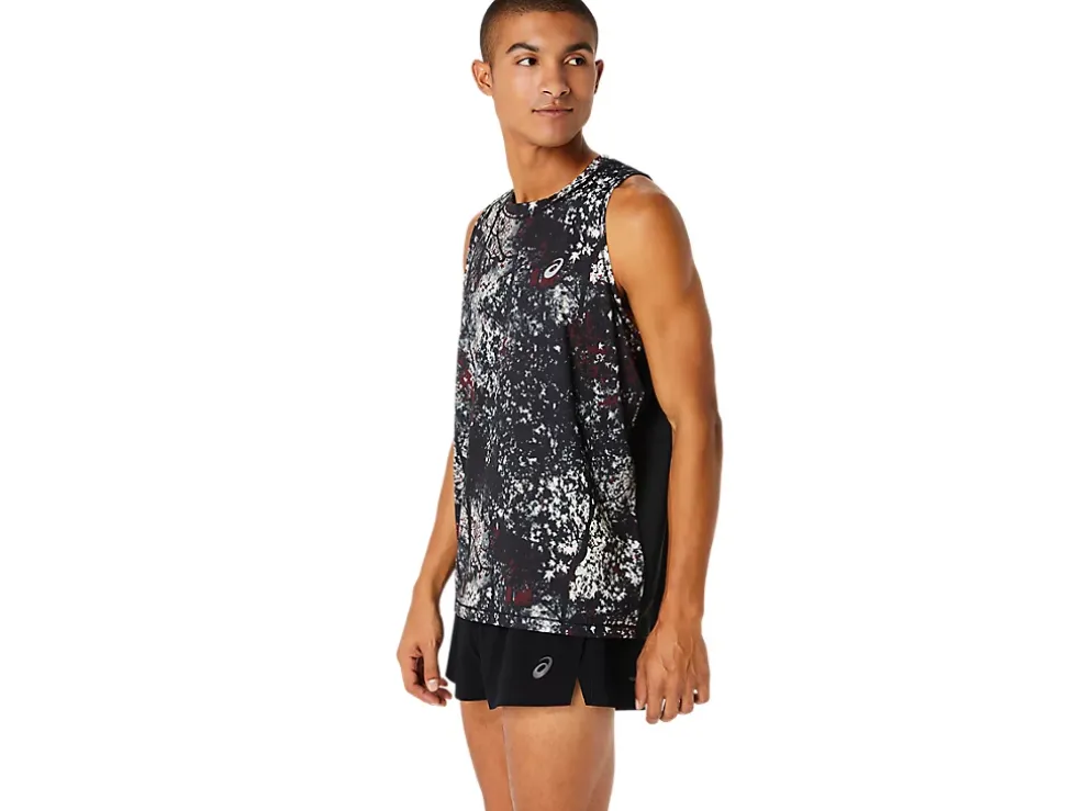 Shop ASICS ALL OVER PRINT SINGLET Performance Black/Antique Red