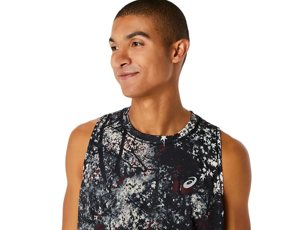Shop ASICS ALL OVER PRINT SINGLET Performance Black/Antique Red