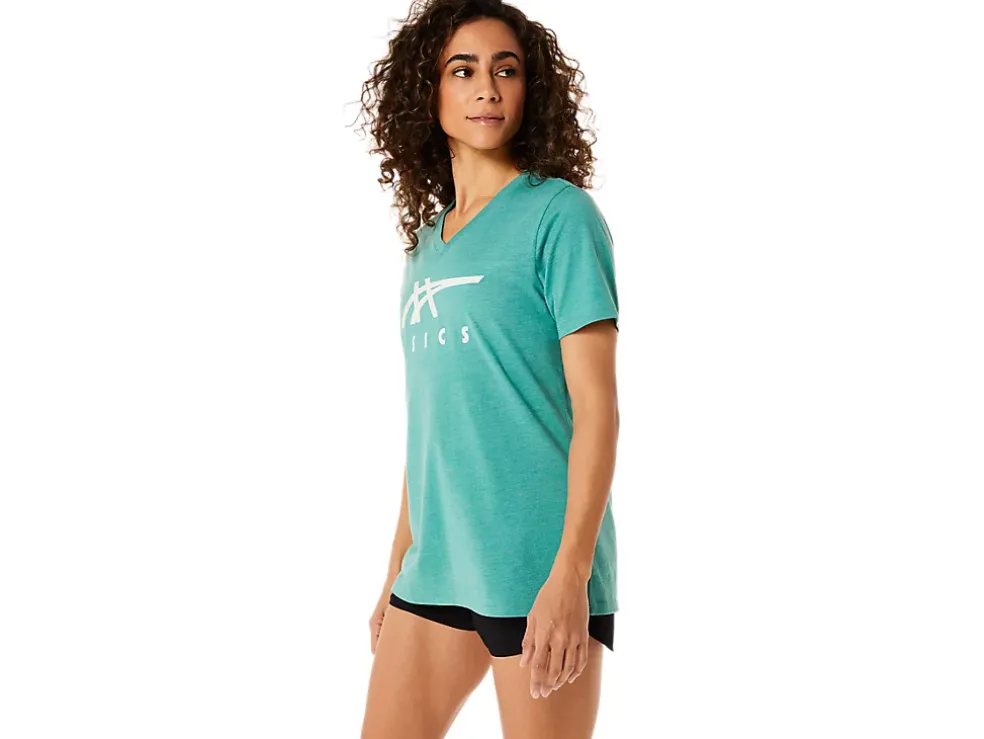 New ASICS STRIPES V-NECK Sage Heather