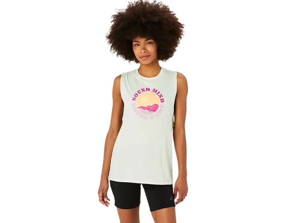 Store ASICS SUN IN THE SKY SLOGAN MUSCLE TEE Whisper Green Heather