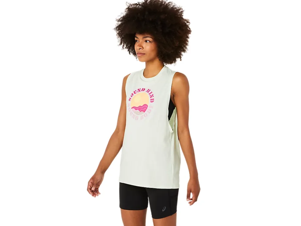 Store ASICS SUN IN THE SKY SLOGAN MUSCLE TEE Whisper Green Heather