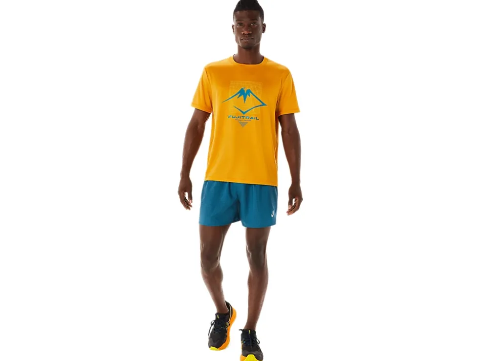 Shop ASICS MEN FUJITRAIL LOGO SHORT Ink Teal/Golden Yellow