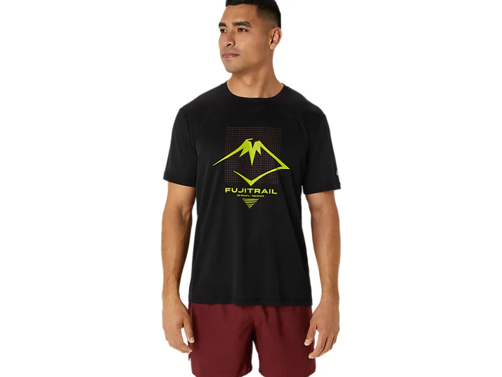 Best Sale ASICS MEN FUJITRAIL LOGO SHORT SLEEVE TOP Performance Black/Antique Red/Neon Lime