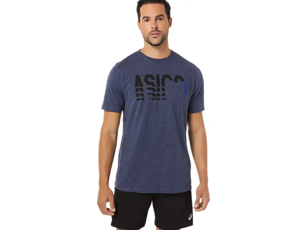 Clearance ASICS SHORT SLEEVE STRIPED POCKET TEE Peacoat Heather