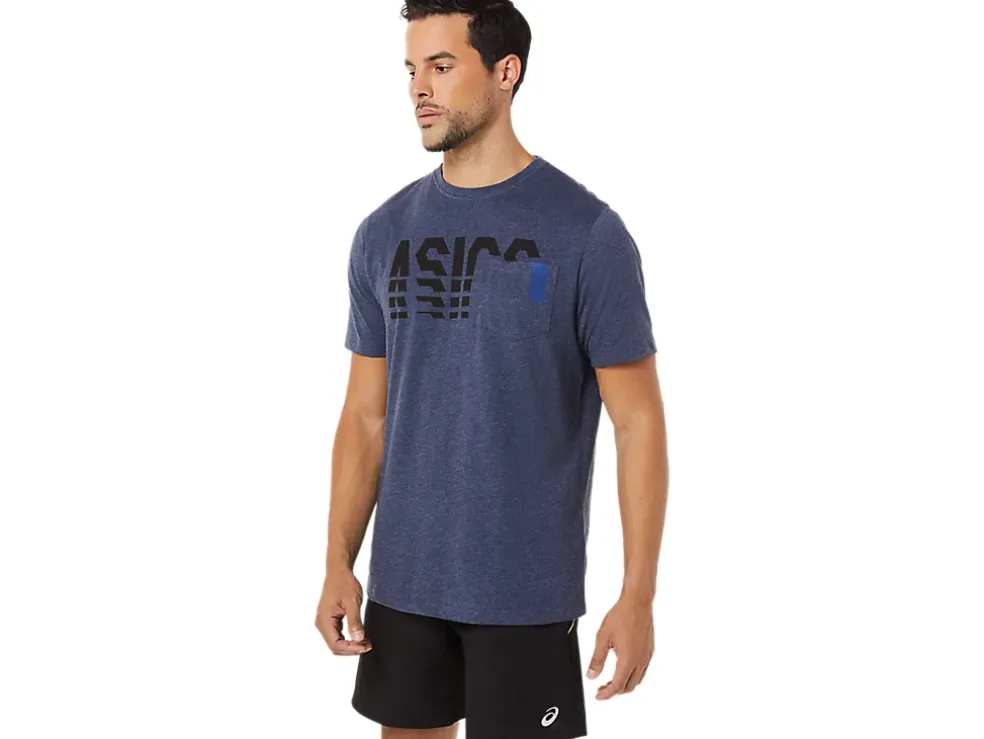 Clearance ASICS SHORT SLEEVE STRIPED POCKET TEE Peacoat Heather