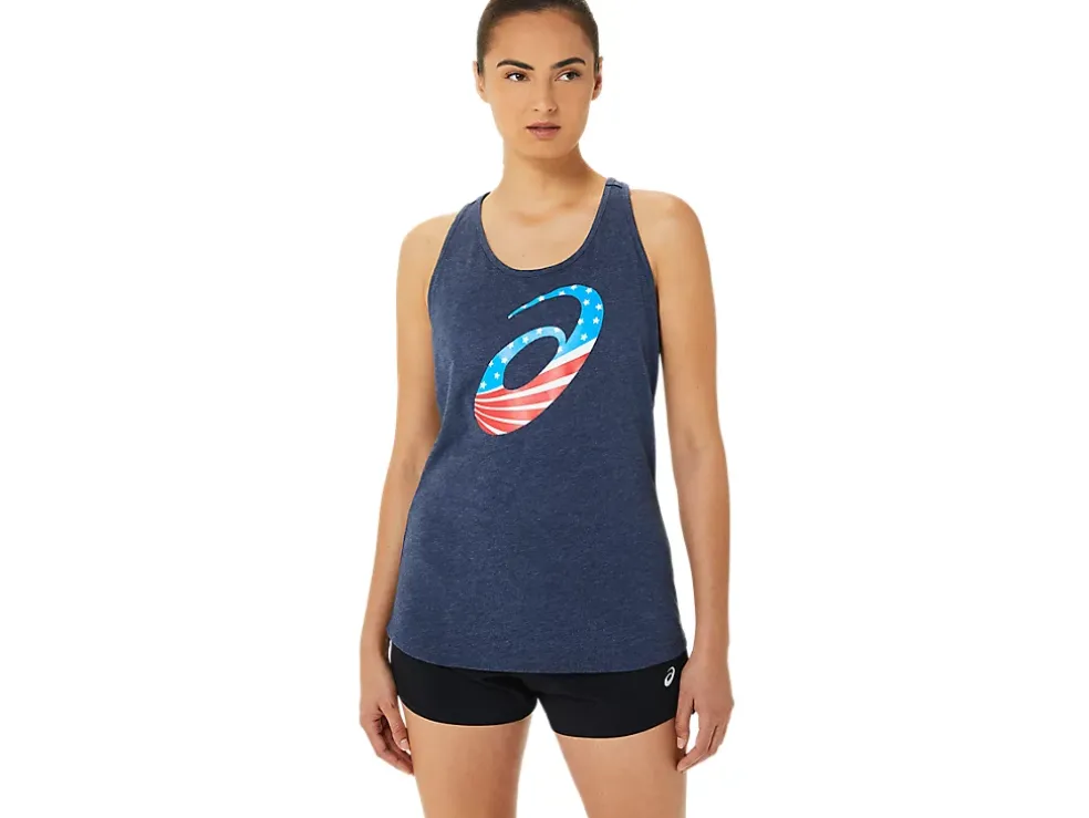 Sale ASICS SPIRAL A STARS AND STRIPES SHORT SLEEVE Peacoat Heather